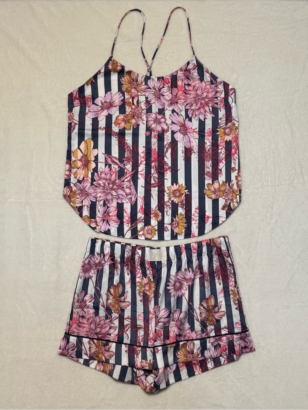 Victoria’s Secret Striped Floral Satin Pajama Set - Pink & Black